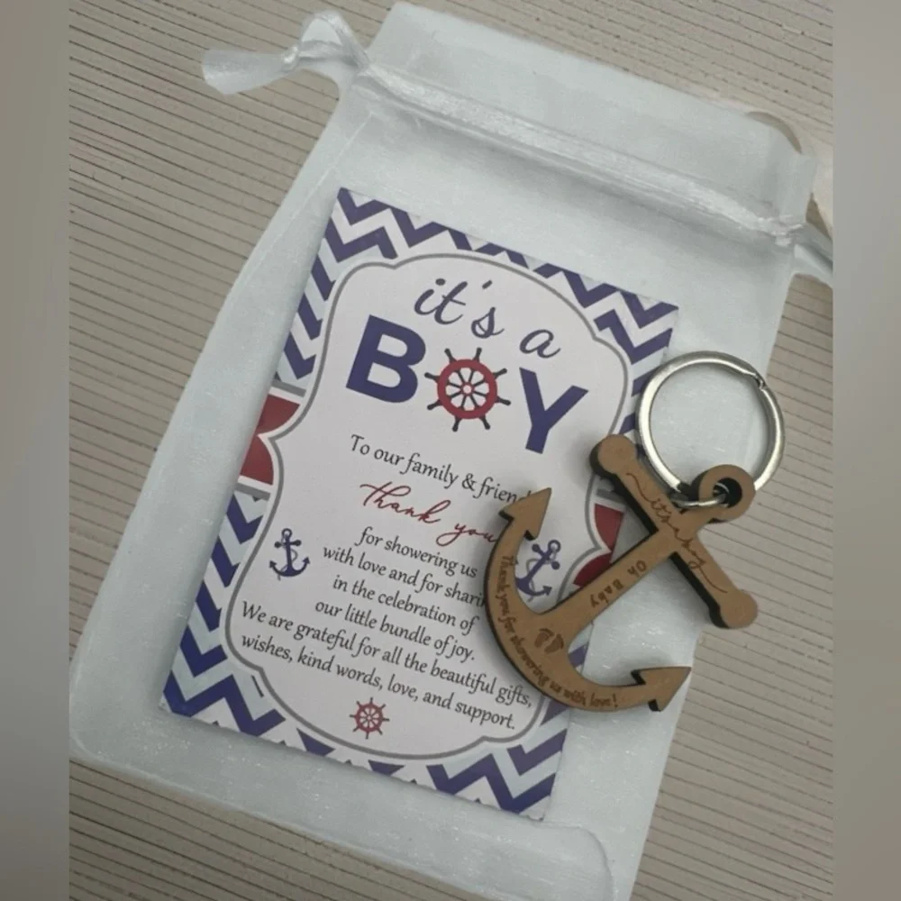 It's A Boy Anchor Keychain 50 Nautical Baby Shower Thank You Cards - Gift Sets